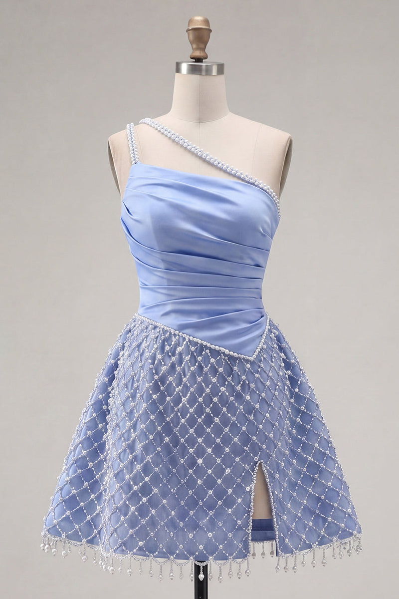 Laden Sie das Bild in den Galerie-Viewer, Blaues, einschulteriges Satin-A-Linien-Perlen-Homecoming-Kleid mit Schlitz