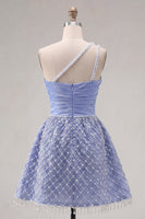 Laden Sie das Bild in den Galerie-Viewer, Blaues, einschulteriges Satin-A-Linien-Perlen-Homecoming-Kleid mit Schlitz