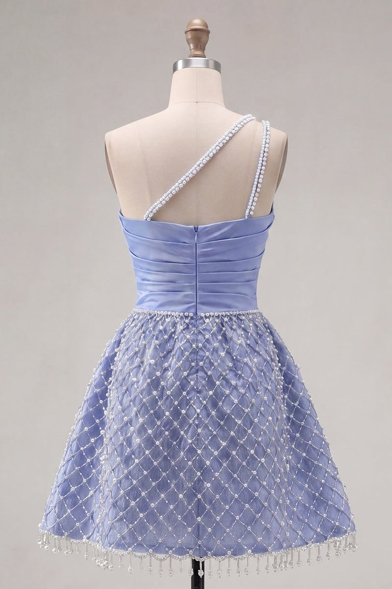Laden Sie das Bild in den Galerie-Viewer, Blaues, einschulteriges Satin-A-Linien-Perlen-Homecoming-Kleid mit Schlitz
