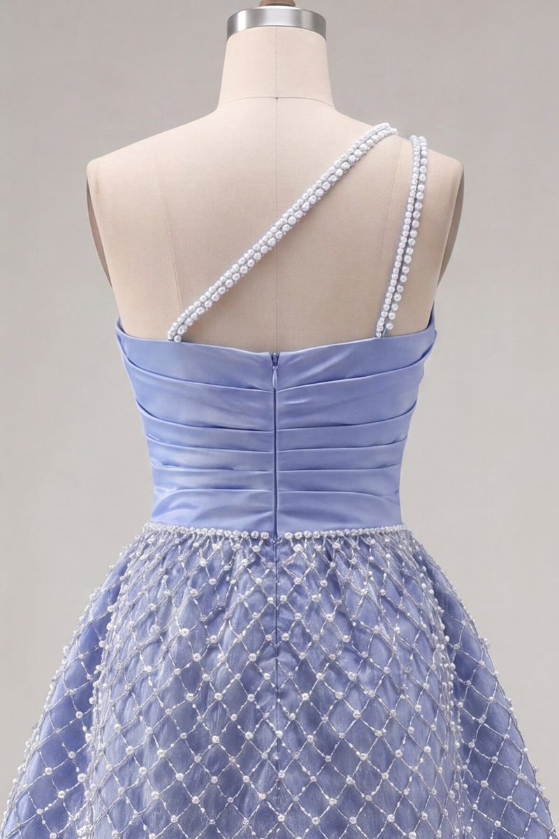 Laden Sie das Bild in den Galerie-Viewer, Blaues, einschulteriges Satin-A-Linien-Perlen-Homecoming-Kleid mit Schlitz