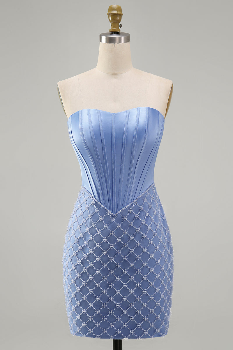 Laden Sie das Bild in den Galerie-Viewer, Blaues, strapless Satin-Bodycon-Korsett, das mit Perlen besticktes Homecoming-Kleid