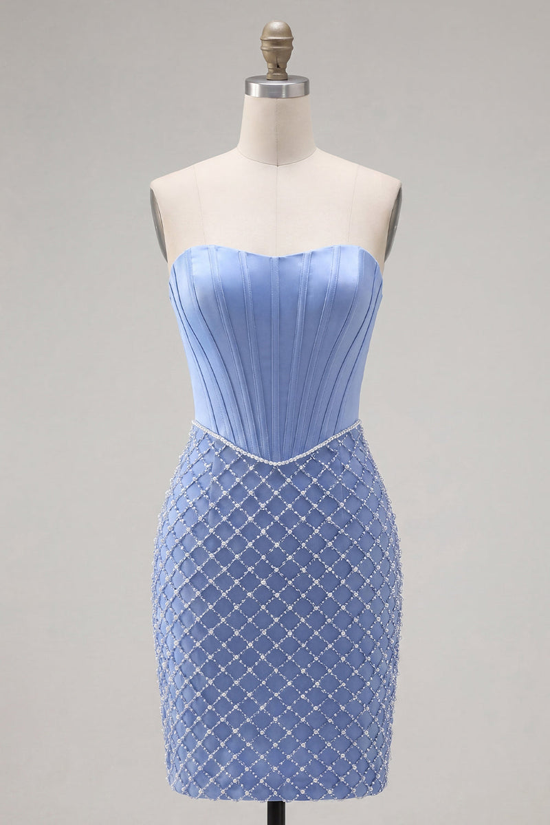 Laden Sie das Bild in den Galerie-Viewer, Blaues, strapless Satin-Bodycon-Korsett, das mit Perlen besticktes Homecoming-Kleid