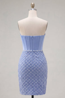 Blaues, strapless Satin-Bodycon-Korsett, das mit Perlen besticktes Homecoming-Kleid