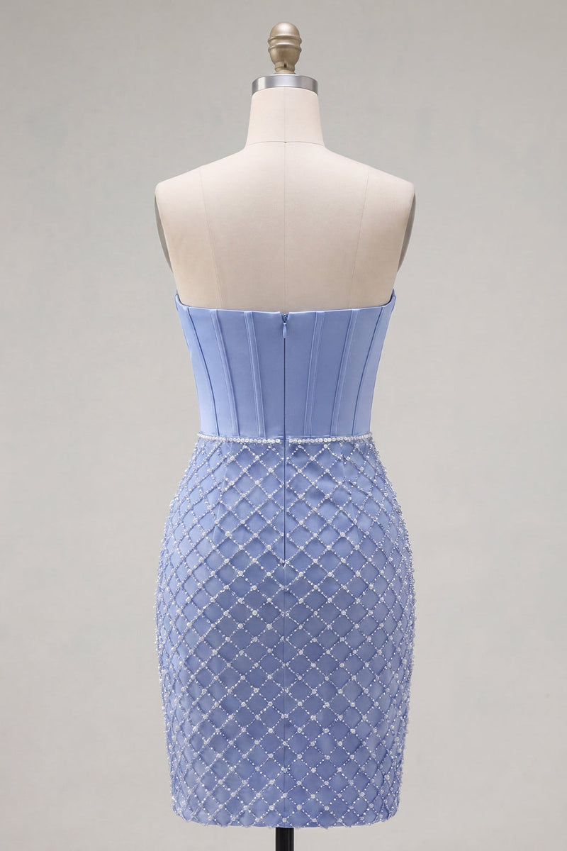 Laden Sie das Bild in den Galerie-Viewer, Blaues, strapless Satin-Bodycon-Korsett, das mit Perlen besticktes Homecoming-Kleid