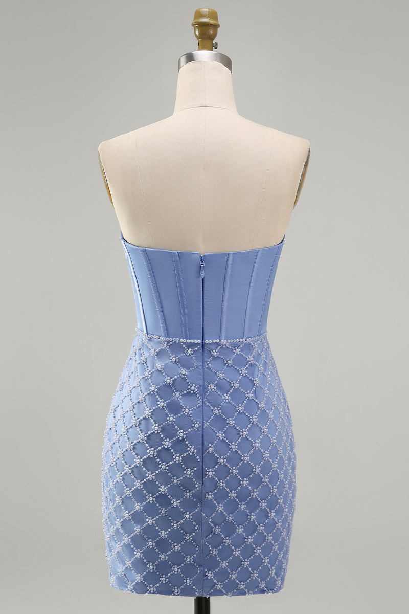 Laden Sie das Bild in den Galerie-Viewer, Blaues, strapless Satin-Bodycon-Korsett, das mit Perlen besticktes Homecoming-Kleid