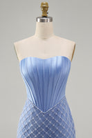 Laden Sie das Bild in den Galerie-Viewer, Blaues, strapless Satin-Bodycon-Korsett, das mit Perlen besticktes Homecoming-Kleid