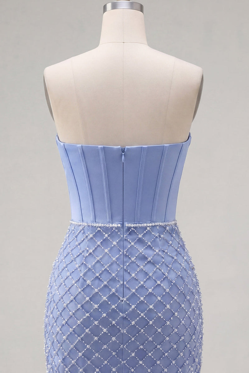 Laden Sie das Bild in den Galerie-Viewer, Blaues, strapless Satin-Bodycon-Korsett, das mit Perlen besticktes Homecoming-Kleid