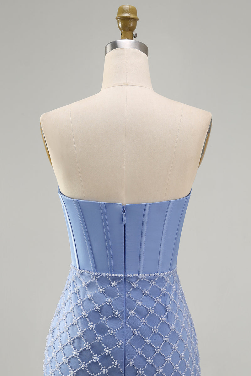 Laden Sie das Bild in den Galerie-Viewer, Blaues, strapless Satin-Bodycon-Korsett, das mit Perlen besticktes Homecoming-Kleid