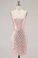 Laden Sie das Bild in den Galerie-Viewer, Sweetheart Blush Satin Bodycon Korsett Pailletten Heimkehrkleid