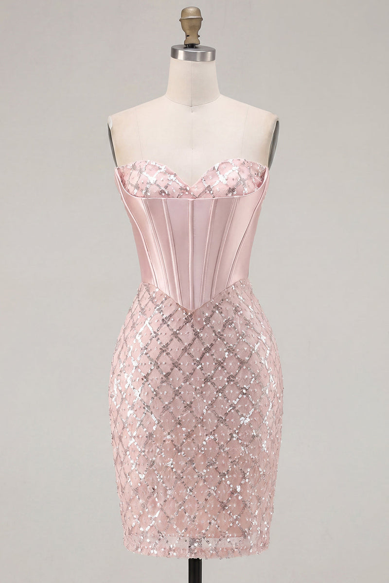 Laden Sie das Bild in den Galerie-Viewer, Sweetheart Blush Satin Bodycon Korsett Pailletten Heimkehrkleid