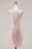 Laden Sie das Bild in den Galerie-Viewer, Sweetheart Blush Satin Bodycon Korsett Pailletten Heimkehrkleid