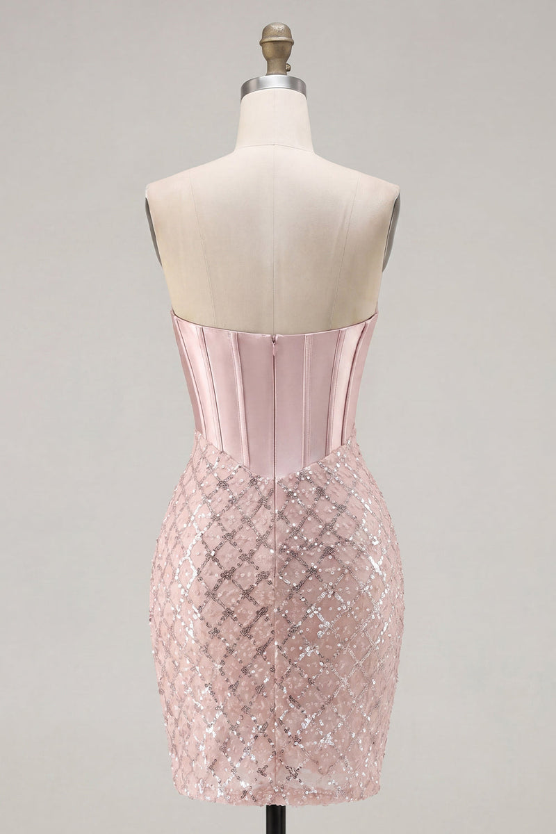 Laden Sie das Bild in den Galerie-Viewer, Sweetheart Blush Satin Bodycon Korsett Pailletten Heimkehrkleid