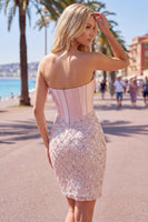Laden Sie das Bild in den Galerie-Viewer, Sweetheart Blush Satin Bodycon Korsett Pailletten Heimkehrkleid