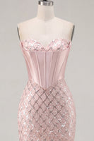 Laden Sie das Bild in den Galerie-Viewer, Sweetheart Blush Satin Bodycon Korsett Pailletten Heimkehrkleid