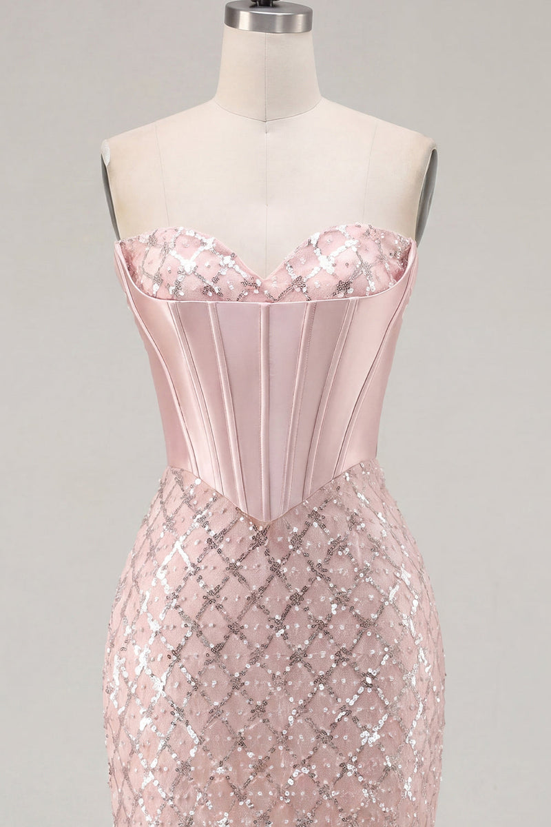 Laden Sie das Bild in den Galerie-Viewer, Sweetheart Blush Satin Bodycon Korsett Pailletten Heimkehrkleid