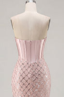 Laden Sie das Bild in den Galerie-Viewer, Sweetheart Blush Satin Bodycon Korsett Pailletten Heimkehrkleid