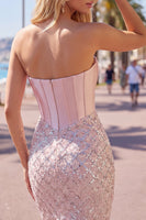 Laden Sie das Bild in den Galerie-Viewer, Sweetheart Blush Satin Bodycon Korsett Pailletten Heimkehrkleid