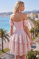 Laden Sie das Bild in den Galerie-Viewer, Off-the-shoulder Rouge Satin A-Linie Korsett-Pailletten-Homecoming-Kleid mit Schleife
