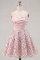 Laden Sie das Bild in den Galerie-Viewer, Blush-Satin A-Line, trägerlose, geraffte Pailletten, süßes Homecoming-Kleid