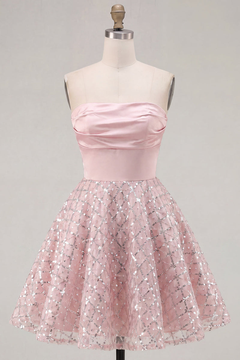 Laden Sie das Bild in den Galerie-Viewer, Blush-Satin A-Line, trägerlose, geraffte Pailletten, süßes Homecoming-Kleid