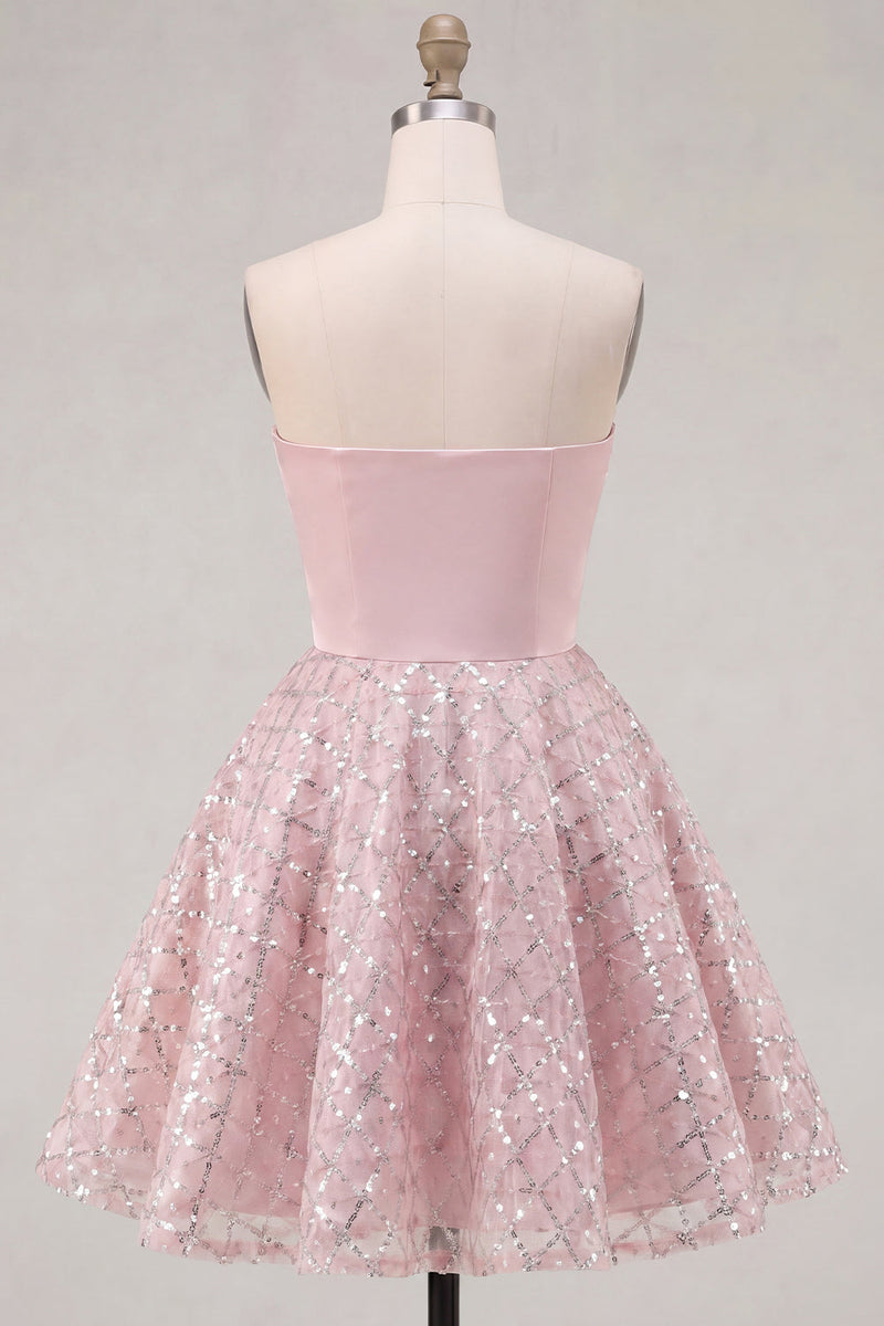 Laden Sie das Bild in den Galerie-Viewer, Blush-Satin A-Line, trägerlose, geraffte Pailletten, süßes Homecoming-Kleid