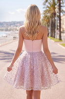 Laden Sie das Bild in den Galerie-Viewer, Blush-Satin A-Line, trägerlose, geraffte Pailletten, süßes Homecoming-Kleid