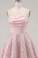 Laden Sie das Bild in den Galerie-Viewer, Blush-Satin A-Line, trägerlose, geraffte Pailletten, süßes Homecoming-Kleid