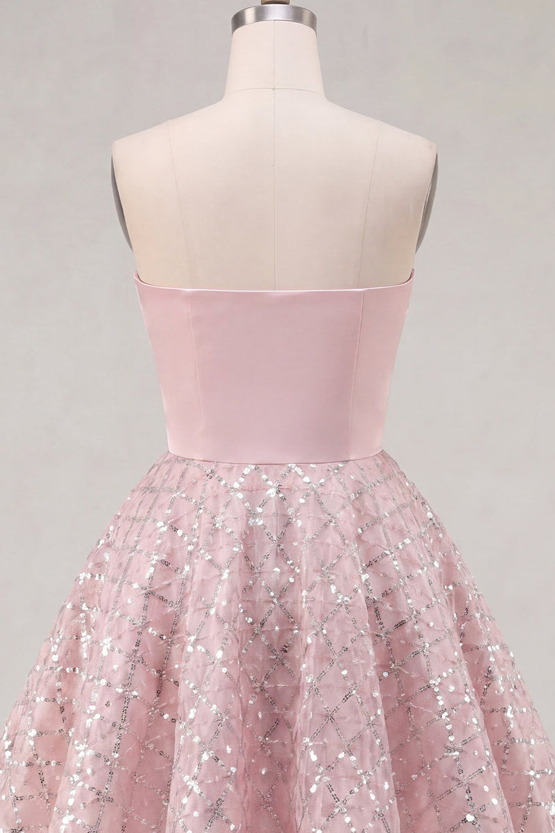 Laden Sie das Bild in den Galerie-Viewer, Blush-Satin A-Line, trägerlose, geraffte Pailletten, süßes Homecoming-Kleid