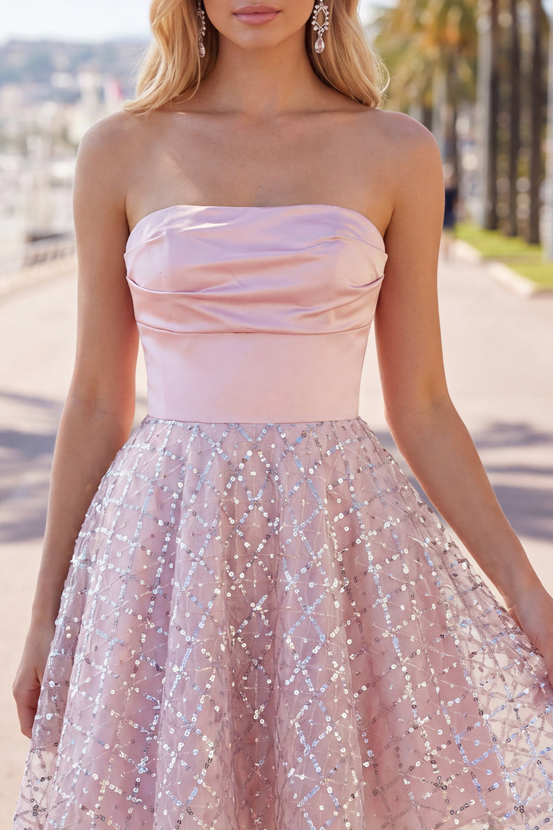 Laden Sie das Bild in den Galerie-Viewer, Blush-Satin A-Line, trägerlose, geraffte Pailletten, süßes Homecoming-Kleid