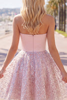 Laden Sie das Bild in den Galerie-Viewer, Blush-Satin A-Line, trägerlose, geraffte Pailletten, süßes Homecoming-Kleid