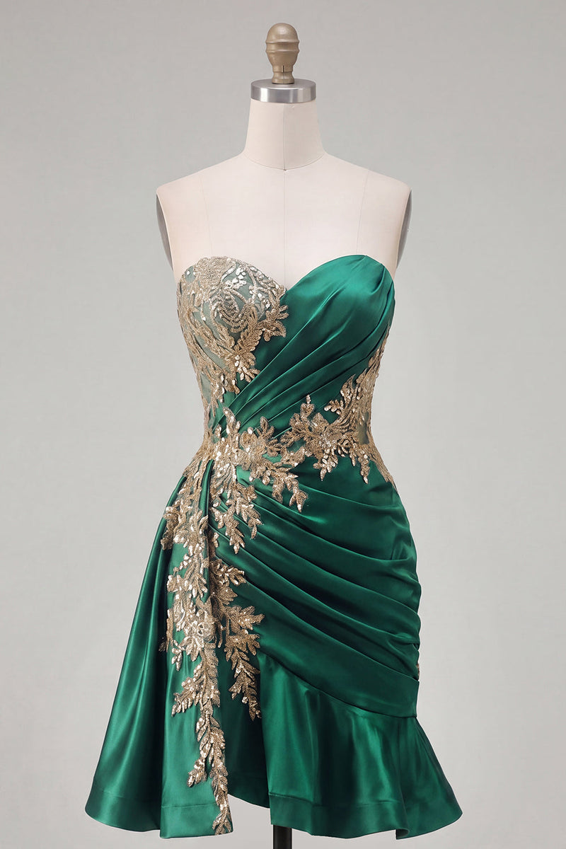 Laden Sie das Bild in den Galerie-Viewer, Dunkelgrünes Satin-Bodycon-Sweetheart mit gerafften Pailletten Homecoming-Kleid mit Schärpe