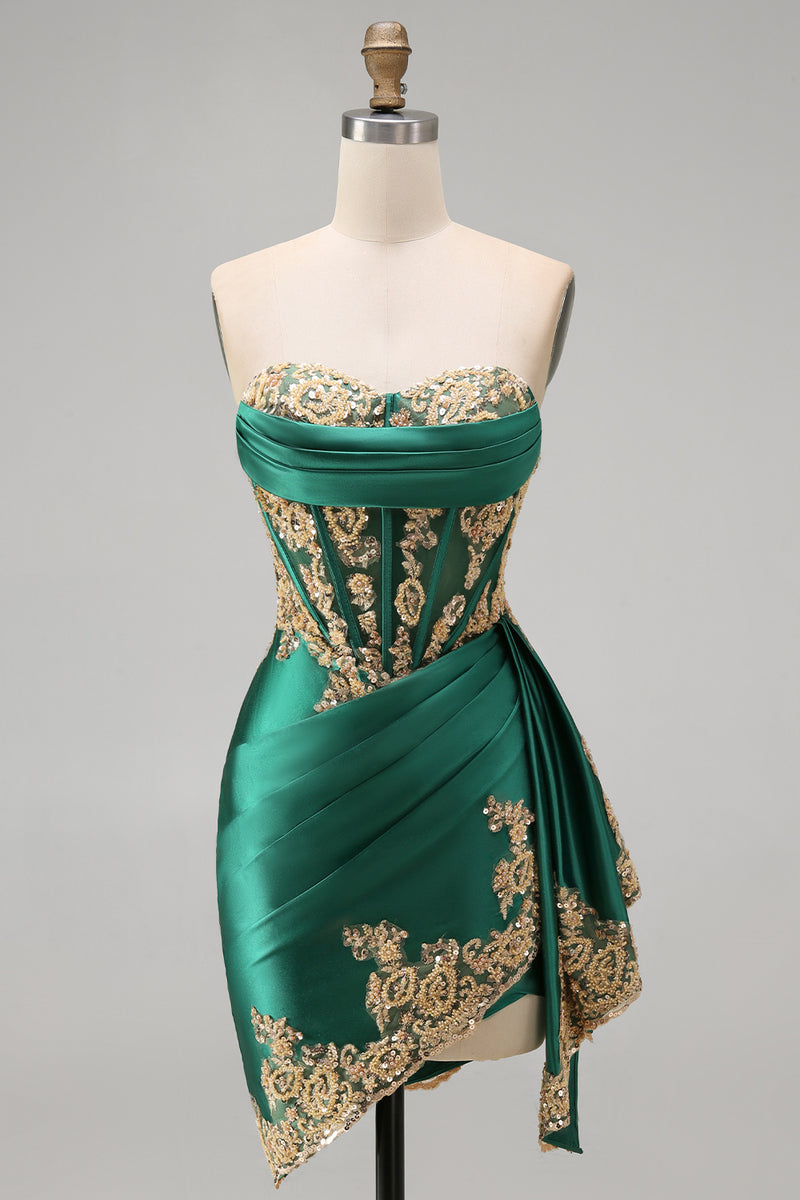 Laden Sie das Bild in den Galerie-Viewer, Dunkelgrünes Satin Sweetheart Geraffte Pailletten Transparentes Korsett Kurzes Abendkleid mit Schärpe