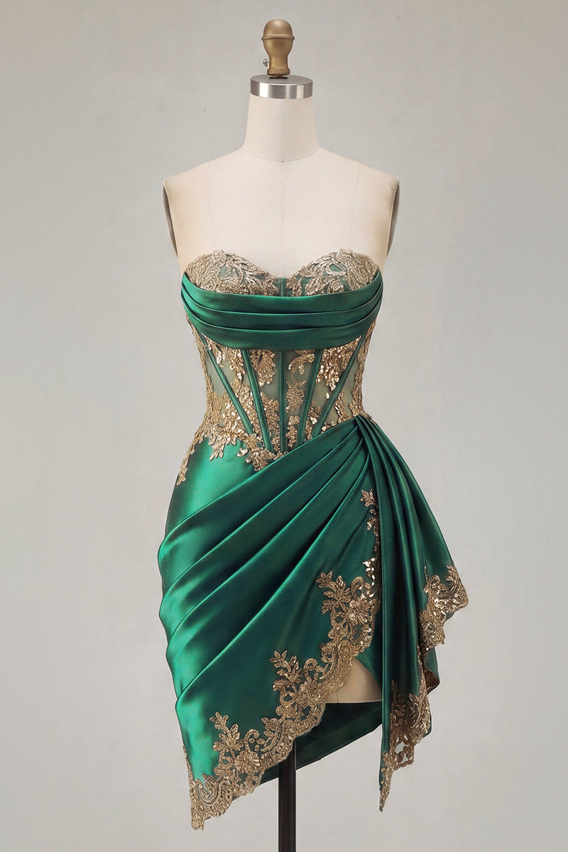 Laden Sie das Bild in den Galerie-Viewer, Dunkelgrünes Satin-Sweetheart, geraffte Pailletten, transparentes Korsett-Homecoming-Kleid mit Schärpe