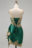 Laden Sie das Bild in den Galerie-Viewer, Dunkelgrünes Satin Sweetheart Geraffte Pailletten Transparentes Korsett Kurzes Abendkleid mit Schärpe