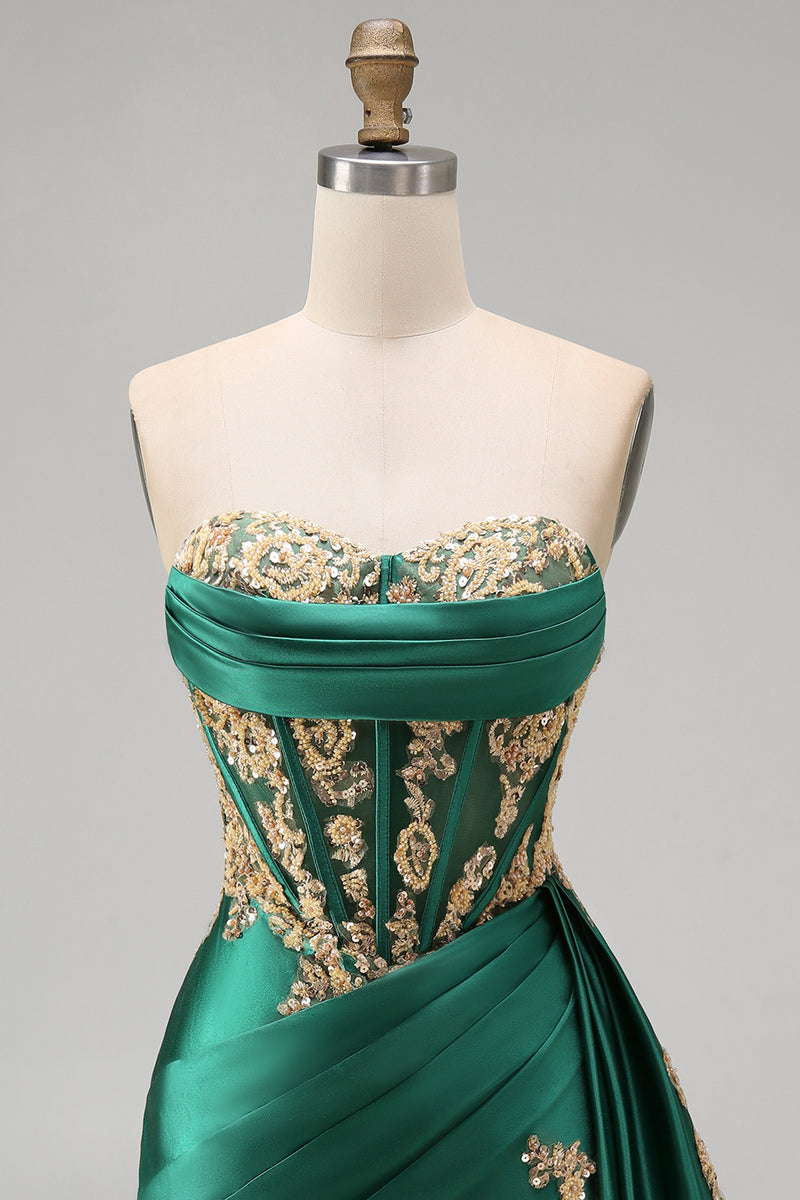 Laden Sie das Bild in den Galerie-Viewer, Dunkelgrünes Satin Sweetheart Geraffte Pailletten Transparentes Korsett Kurzes Abendkleid mit Schärpe