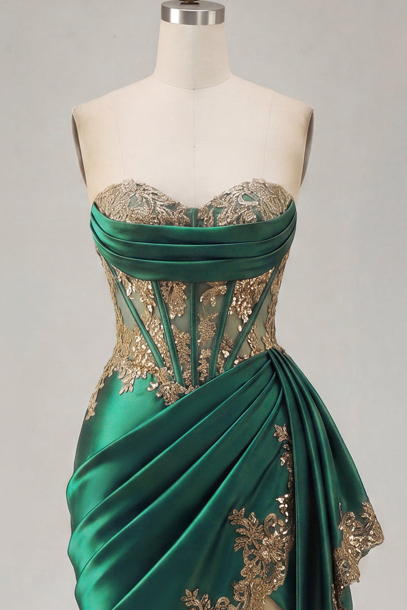 Laden Sie das Bild in den Galerie-Viewer, Dunkelgrünes Satin-Sweetheart, geraffte Pailletten, transparentes Korsett-Homecoming-Kleid mit Schärpe