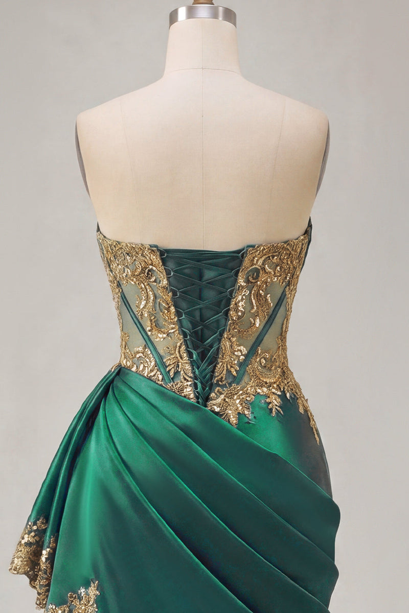 Laden Sie das Bild in den Galerie-Viewer, Dunkelgrünes Satin-Sweetheart, geraffte Pailletten, transparentes Korsett-Homecoming-Kleid mit Schärpe