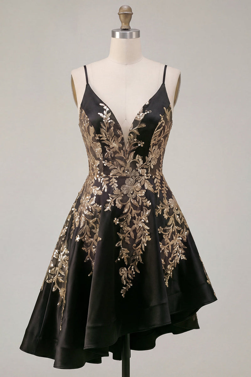 Laden Sie das Bild in den Galerie-Viewer, A-Linie schwarzes Satin-Pailletten-Asymmetrisches Homecoming-Kleid