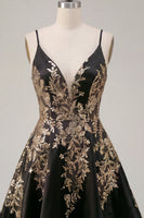 Laden Sie das Bild in den Galerie-Viewer, A-Linie schwarzes Satin-Pailletten-Asymmetrisches Homecoming-Kleid