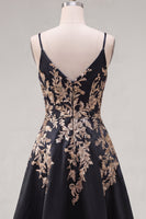 Laden Sie das Bild in den Galerie-Viewer, A-Linie schwarzes Satin-Pailletten-Asymmetrisches Homecoming-Kleid