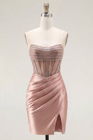 Laden Sie das Bild in den Galerie-Viewer, Sweetheart Blush Satin, gerafftes, transparentes Korsett-Dress-Homecoming-Kleid mit Schlitz