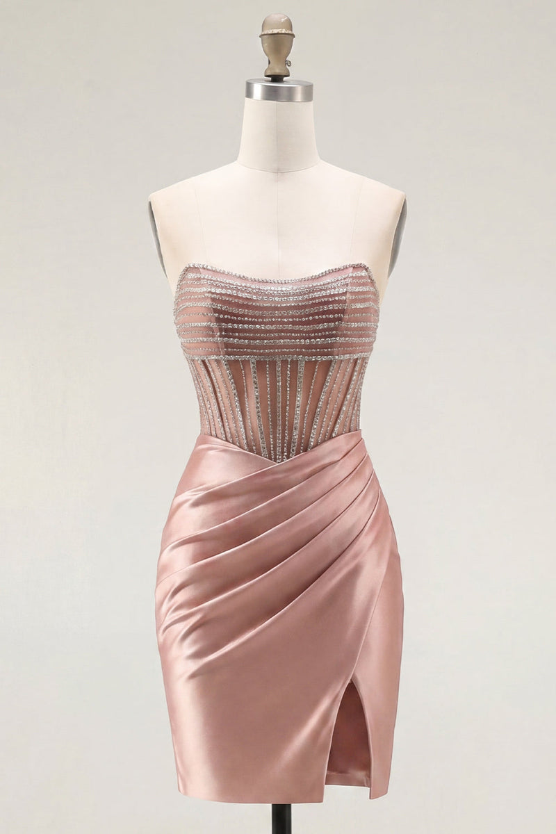 Laden Sie das Bild in den Galerie-Viewer, Sweetheart Blush Satin, gerafftes, transparentes Korsett-Dress-Homecoming-Kleid mit Schlitz