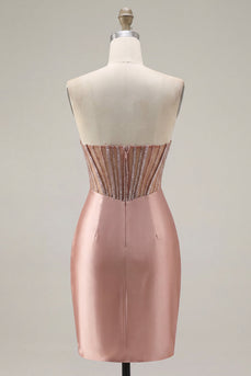 Sweetheart Blush Satin, gerafftes, transparentes Korsett-Dress-Homecoming-Kleid mit Schlitz