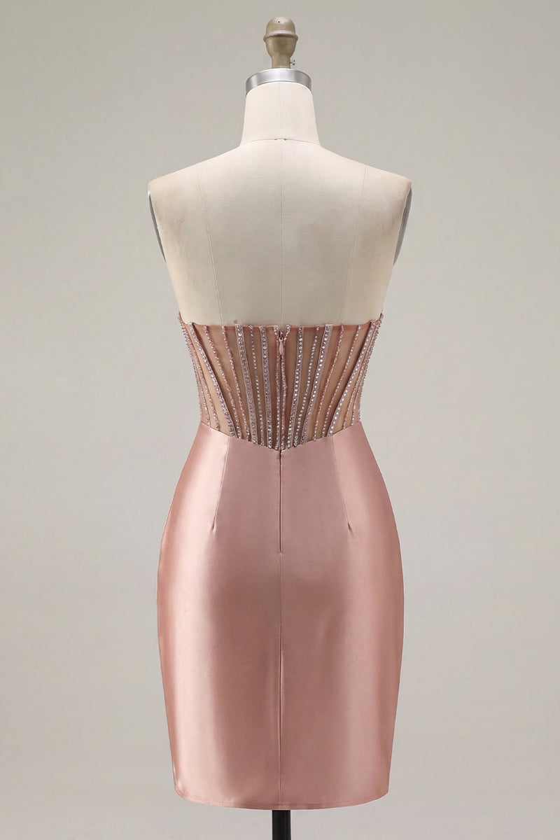 Laden Sie das Bild in den Galerie-Viewer, Sweetheart Blush Satin, gerafftes, transparentes Korsett-Dress-Homecoming-Kleid mit Schlitz