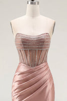 Laden Sie das Bild in den Galerie-Viewer, Sweetheart Blush Satin, gerafftes, transparentes Korsett-Dress-Homecoming-Kleid mit Schlitz