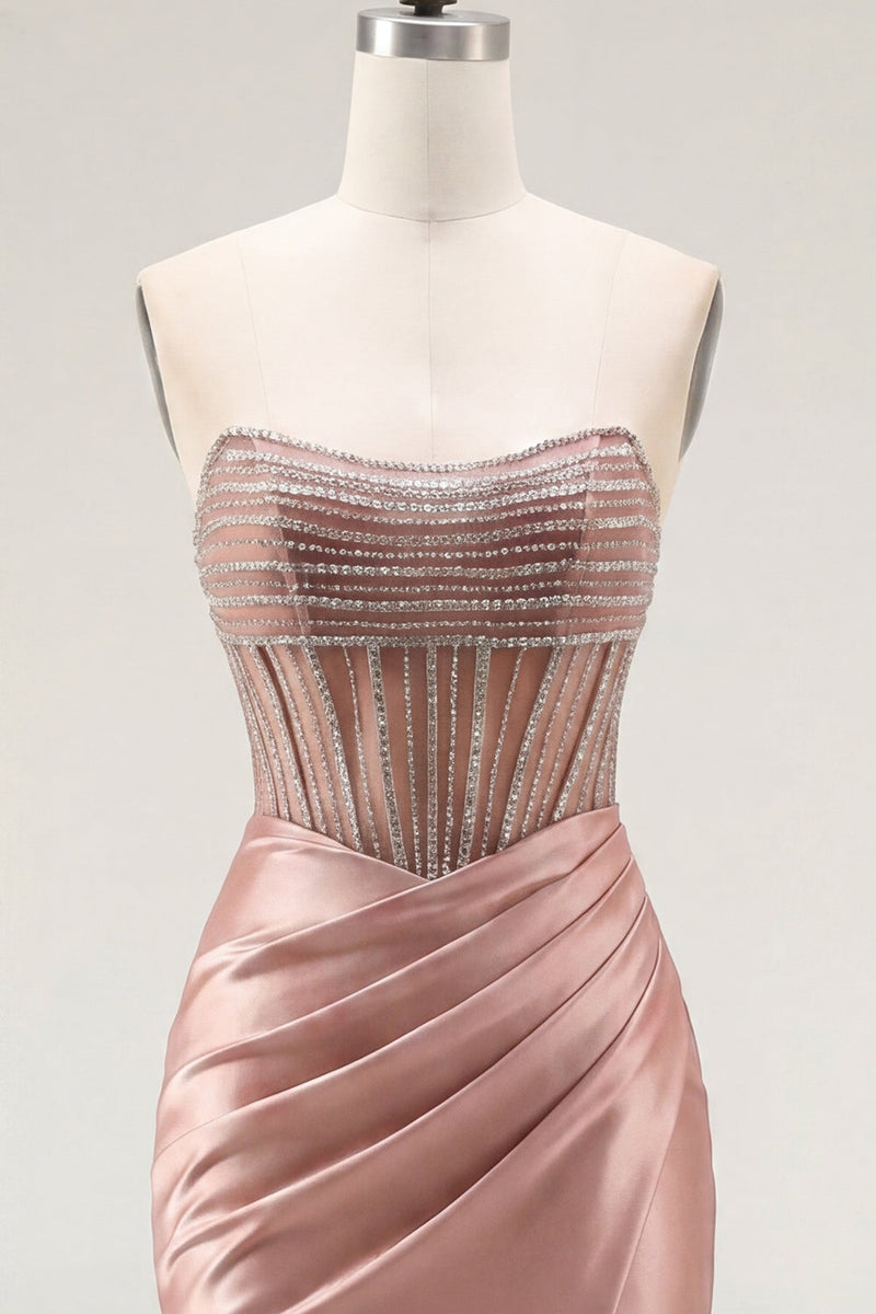 Laden Sie das Bild in den Galerie-Viewer, Sweetheart Blush Satin, gerafftes, transparentes Korsett-Dress-Homecoming-Kleid mit Schlitz
