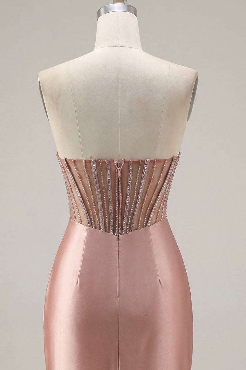 Laden Sie das Bild in den Galerie-Viewer, Sweetheart Blush Satin, gerafftes, transparentes Korsett-Dress-Homecoming-Kleid mit Schlitz