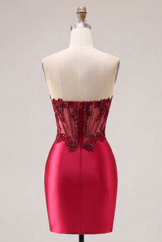 Trägerloses Satin-Burgund, gerafftes, transparentes Korsett mit Perlen-Homecoming-Kleid mit Schlitz
