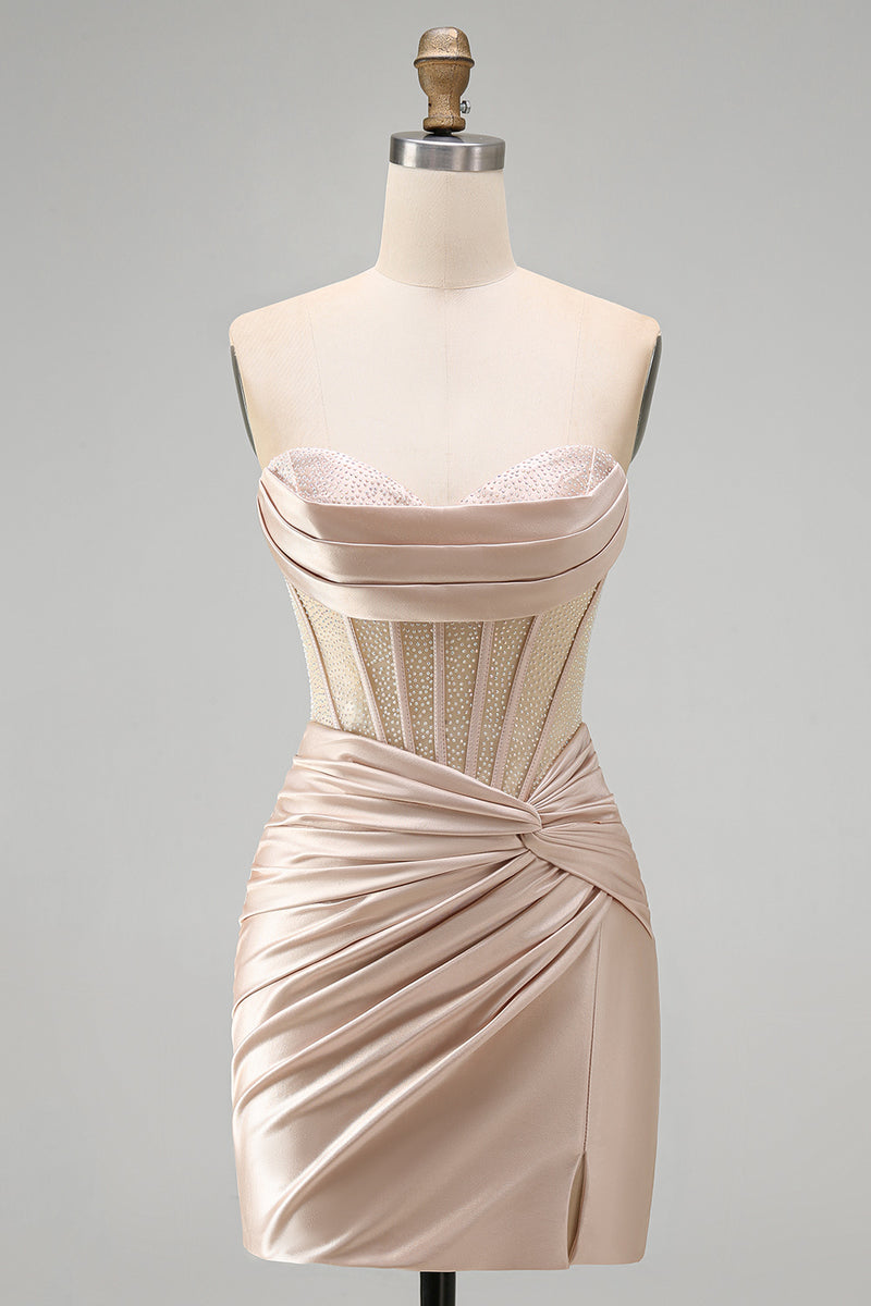 Laden Sie das Bild in den Galerie-Viewer, Champagner Sweetheart Satin Strass Korsett Cocktailkleid mit Schlitz
