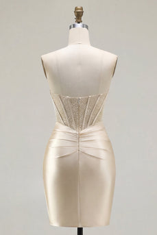 Champagner-Sweetheart-Satin-Perlenkorsett Homecoming-Kleid mit Schlitz
